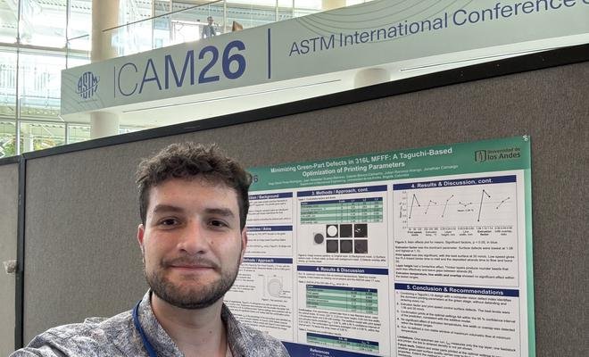 Hugo David Flórez next to the lab's poster at ICAM 2026