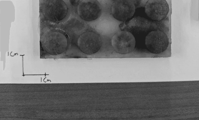 Silicone sheet with sixteen domes filled with ferrofluid, next to a one-centimeter scale